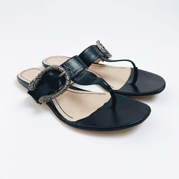 GUCCI Dionysus Black Sandal 38.5 US 8.5 Flat Flip Flop Leather T-Strap Flat GG - Picture 2 of 11